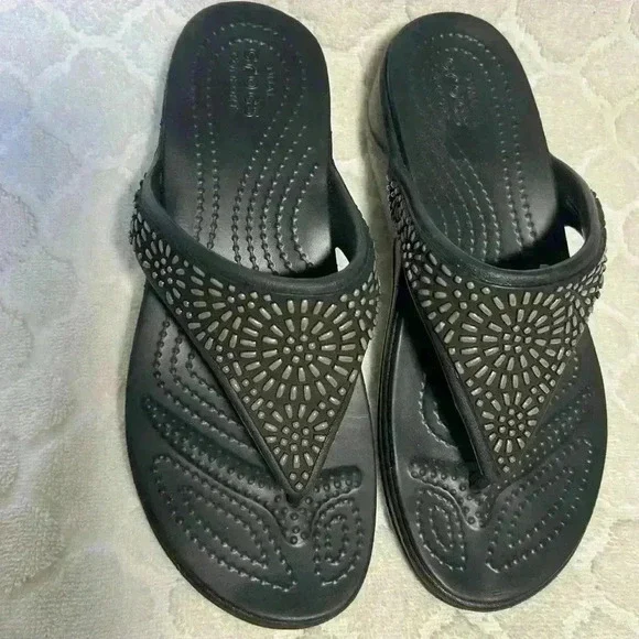 Crocs Monterey Diamante Womens Size 5 Black Flip Flop Wedge Sandals Like New - Picture 2 of 8